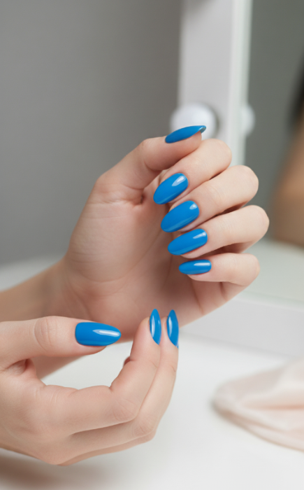 Classic Blue fake sticky nails extensions on happyhands8