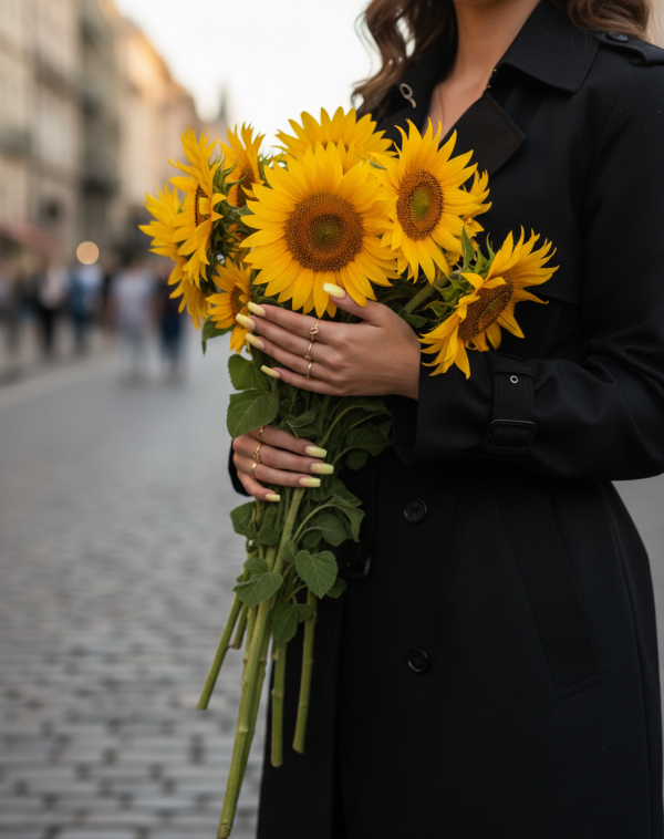 Lady holding sunflower wearing beautiful yellow ombre Salon ready manicure Fake extensions Press on sticky artificial nails from happyhands8 
Happy hands 8 nails ready like salon manicure