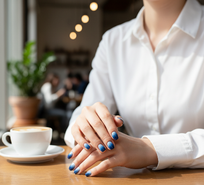 Person sitting at a table with a cup of coffee, wearing a white shirt and blue nail bomber Salon ready manicure Fake extensions Press on sticky artificial nails from happyhands8 
Happy hands 8 nails ready like salon manicure