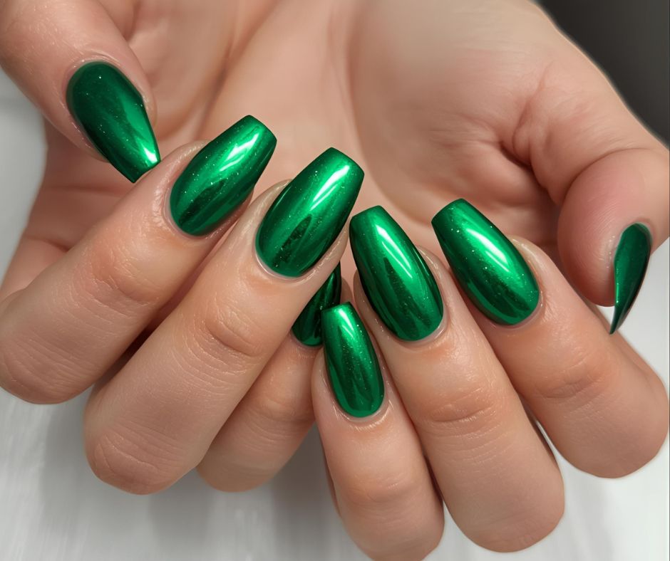 Hand with green chrome metallic fake press on artificial fake polish on a neutral background