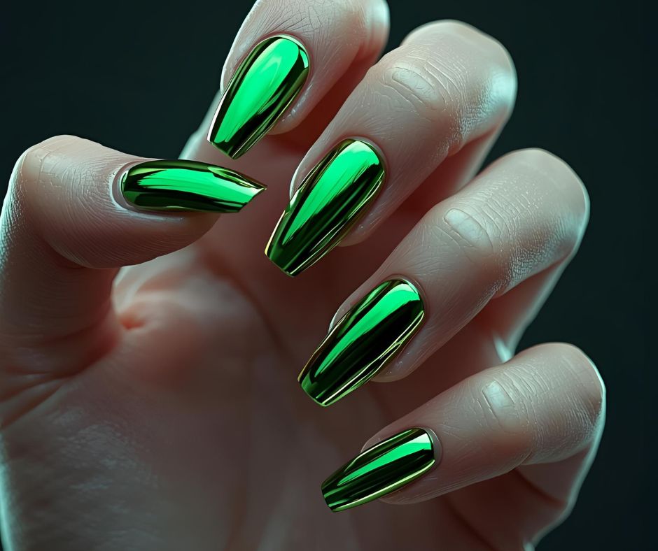 Hand with green  chrome metallic nails polish on a dark background