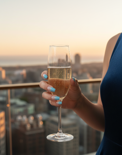 lady holding a glass of champagne with a cityscape in the background Salon ready manicure Fake extensions Press on sticky luxury artificial nails from happyhands8 
Happy hands 8 nails ready like premium salon manicure