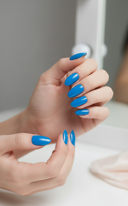 Classic Blue fake sticky nails extensions on happyhands8 