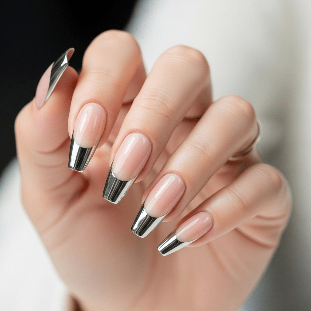 Hand with pink and silver fake nails on a blurred background