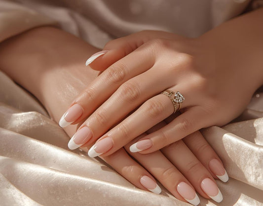 press on french nails Close-up of a hand with a diamond ring on a soft fabric background Salon ready manicure Fake extensions Presson sticky artificial nails from happyhands8 
