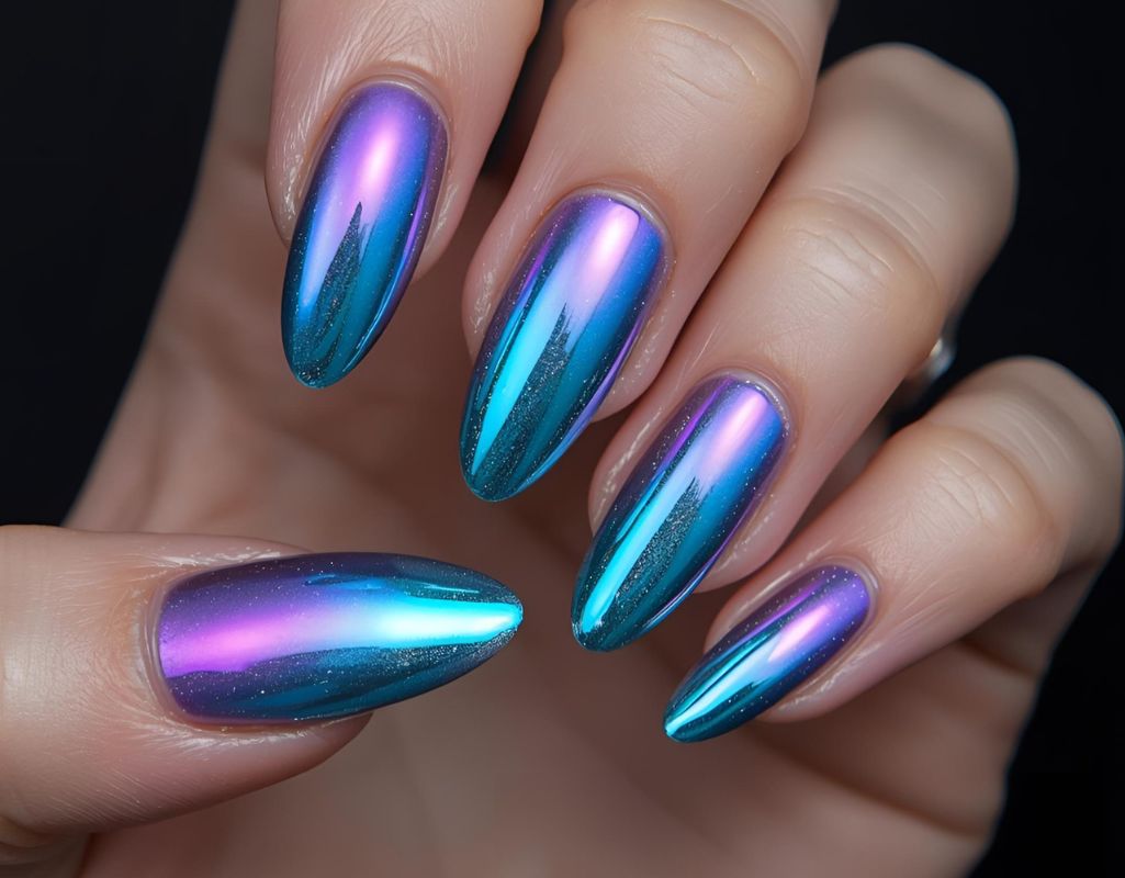 Hand with metallic blue chrome ombre and purple nail polish on a blurred background