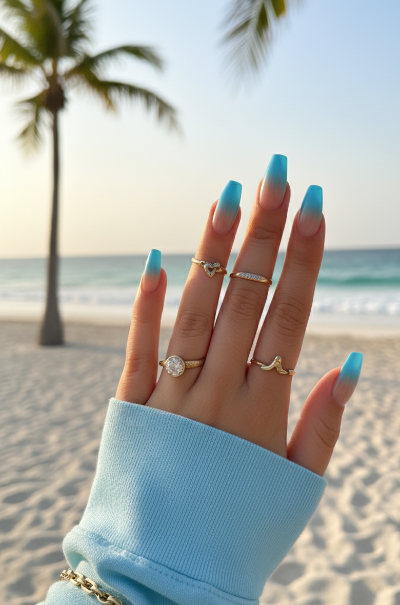 Happy Hand with blue ombre nail extensions and gold rings on a beach Salon ready manicure Fake sticky extensions Press on sticky artificial nails from happyhands8 

Happy hands 8 nails ready like salon manicure
